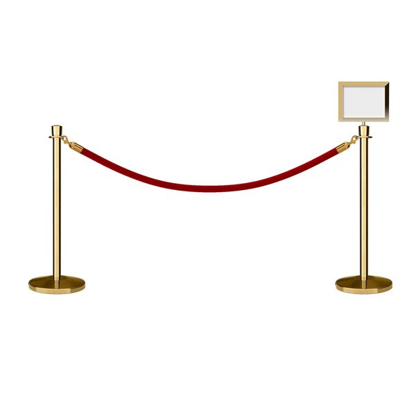 Montour Line Stanchion Post & Rope Kit Pol.Brass, 2CrownTop 1RedRope 8.5x11H Sign C-Kit-1-PB-CN-1-Tapped-1-8511-H-1-PVR-RD-PB